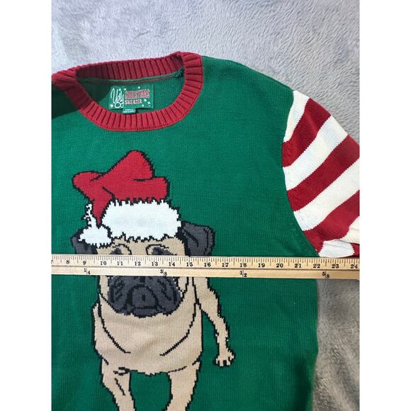 Ugly Christmas Sweater Pug Dog Santa Hat Striped Sleeves Green XL - Picture 8 of 8